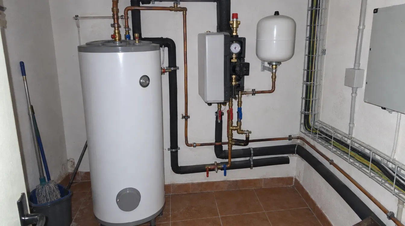Depósito acumulador de agua caliente junto a un módulo hidráulico con manómetro, vaso de expansión y tuberías aisladas en un cuarto de instalaciones