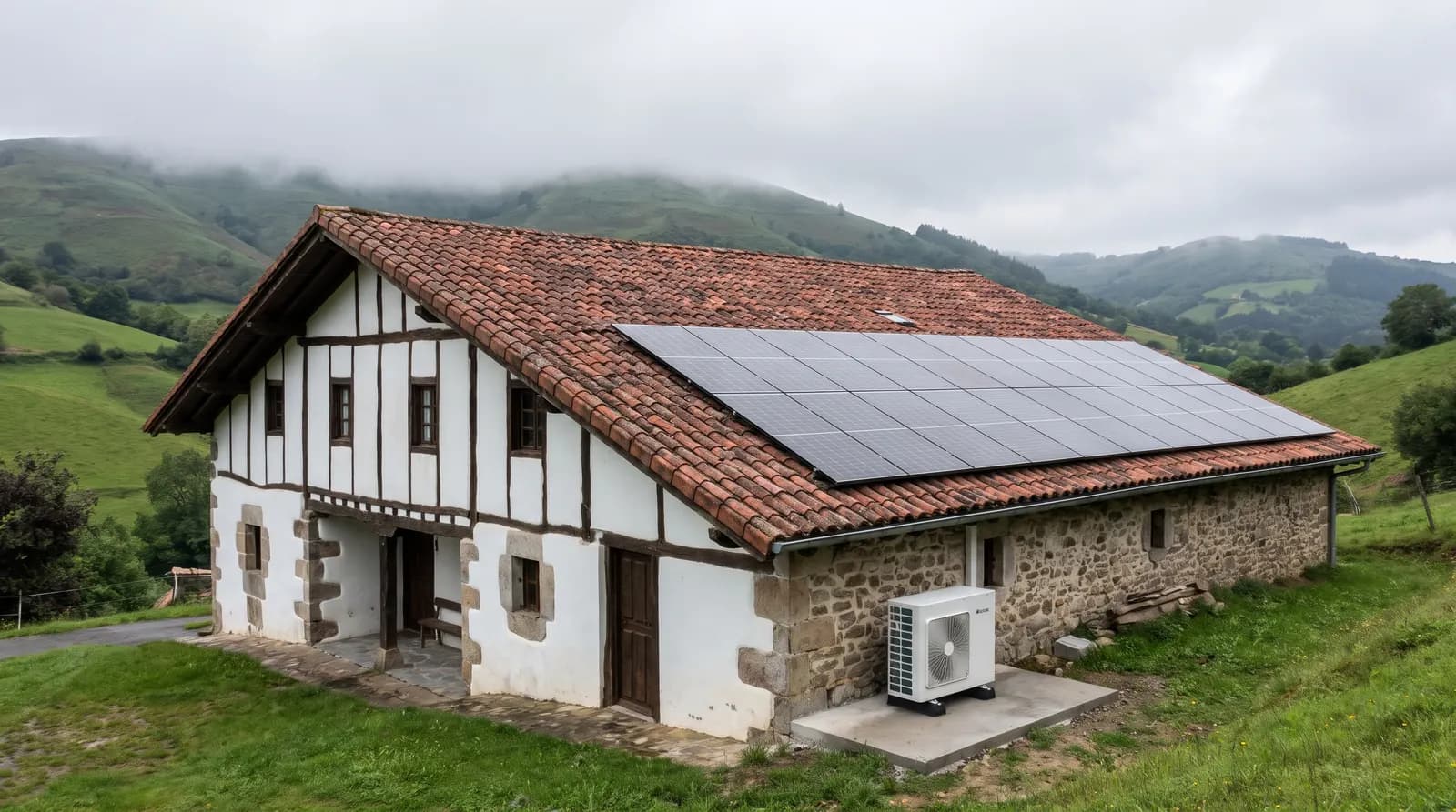 Caserío vasco en un valle verde con placas solares en el tejado y una bomba de calor junto al muro de piedra