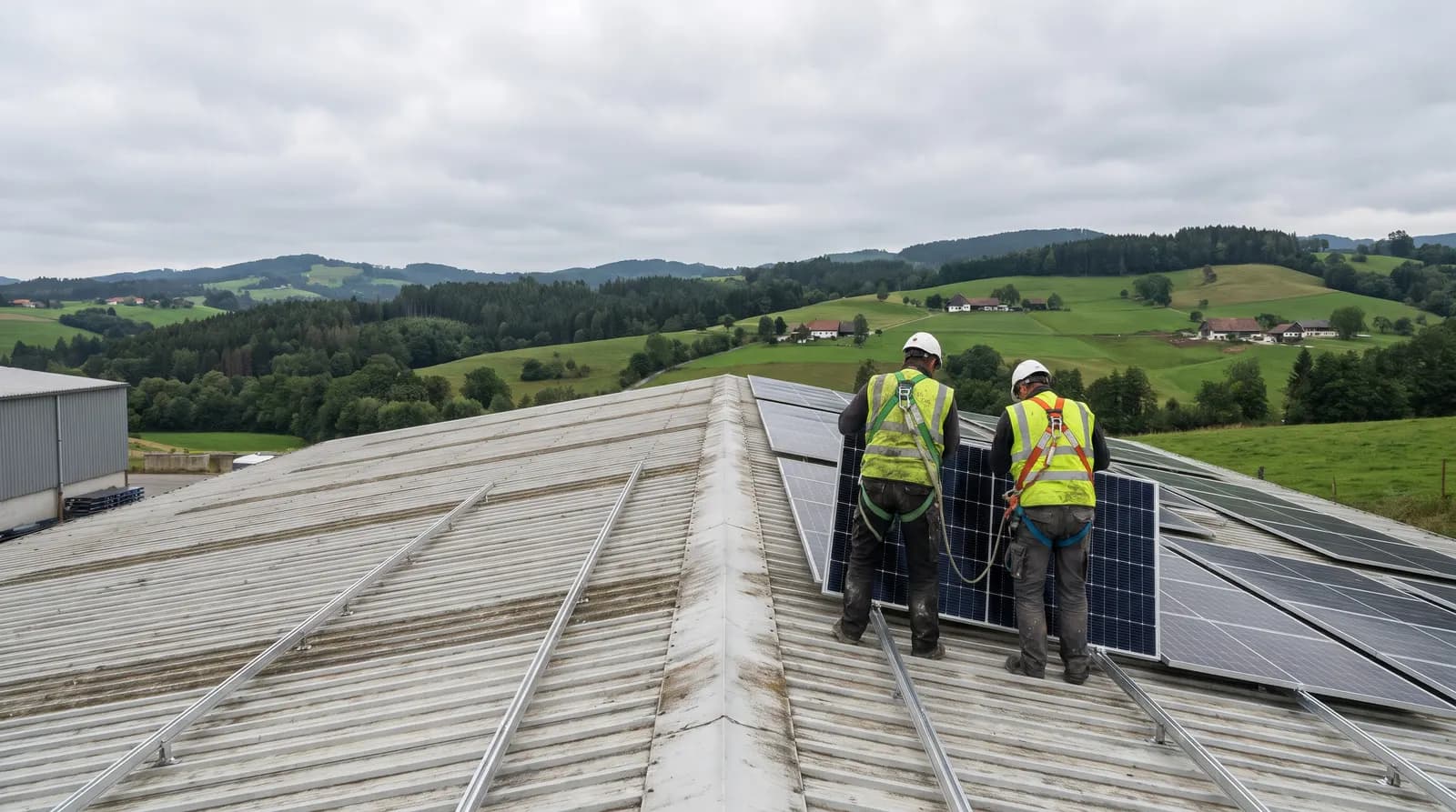 Dos instaladores con arnés montando placas solares sobre la cubierta metálica de una nave, con montes verdes al fondo