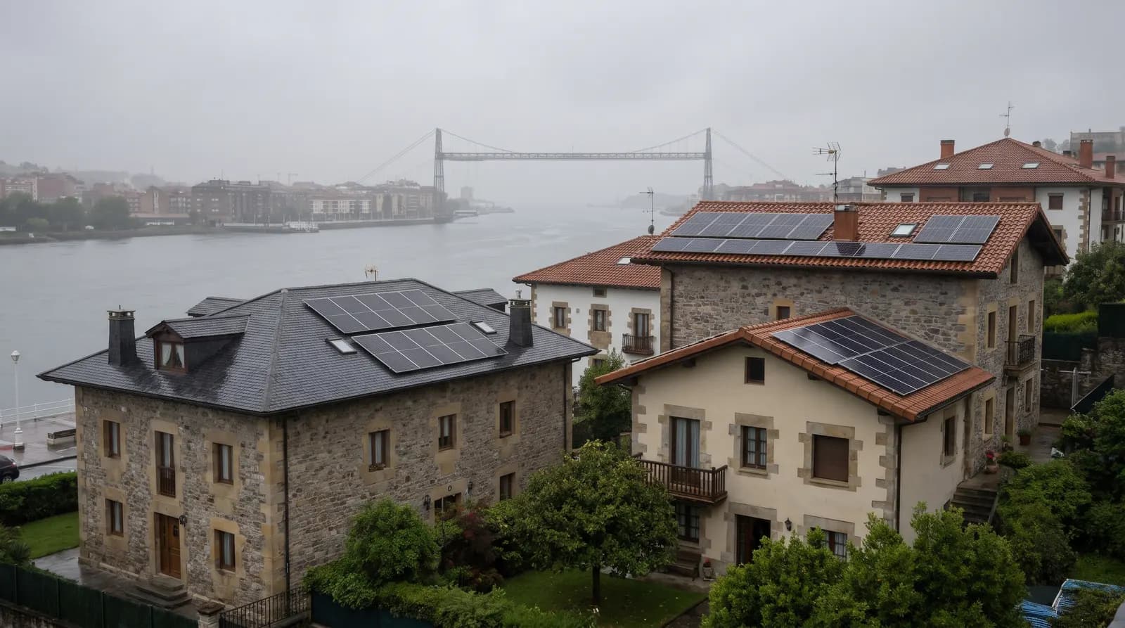 Casas de Getxo con placas solares en los tejados y el Puente Bizkaia al fondo sobre la ría