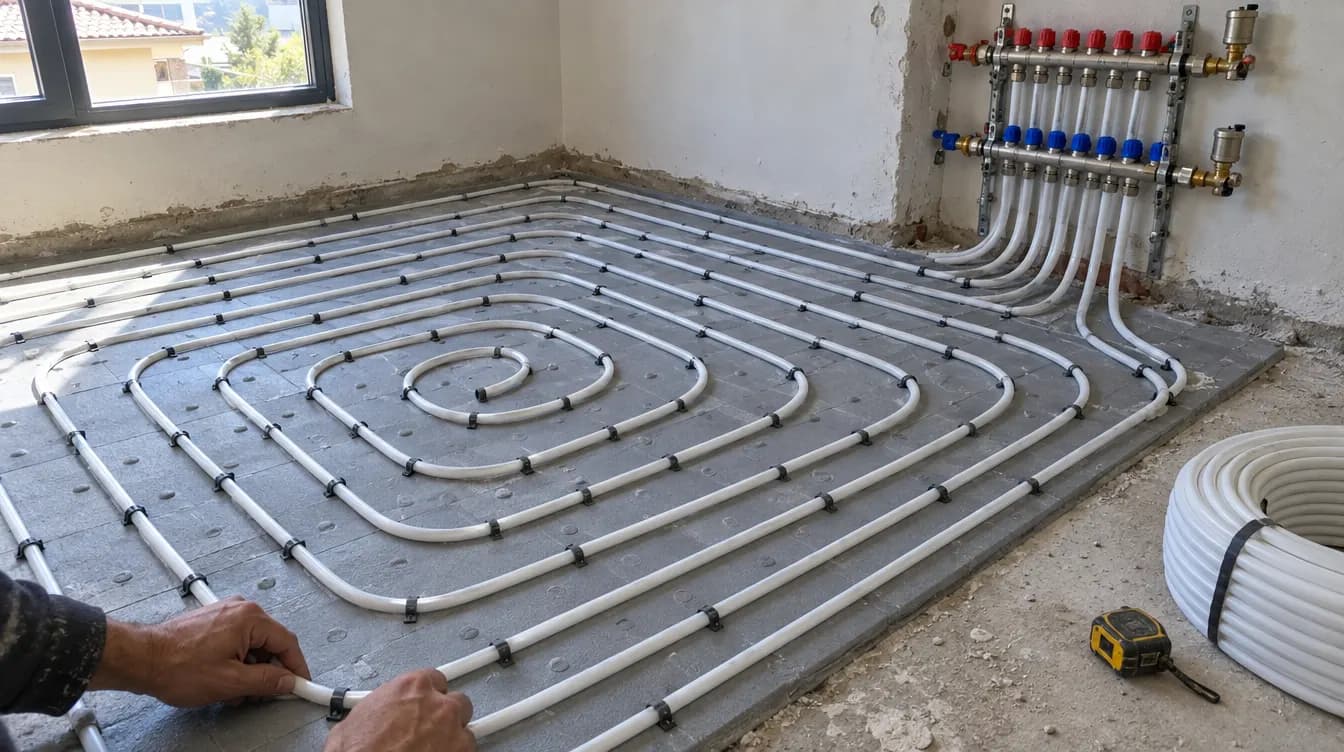 Tubos blancos de suelo radiante fijados en espiral sobre paneles aislantes, con el colector de ida y retorno en la pared