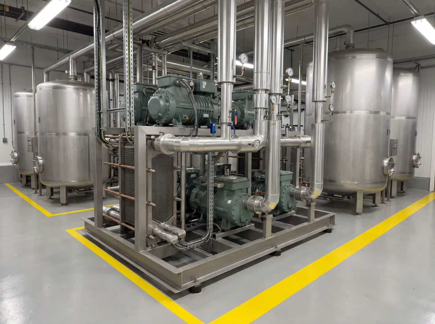 Bomba de calor industrial de alta temperatura con compresores, intercambiadores de placas y depósitos de acero inoxidable